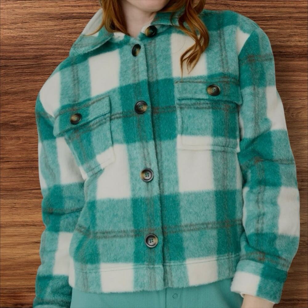 PJ Salvage NEW Cozy Plaid Jacket Shacket Sz L Short Boxy Emerald Green Warm $148